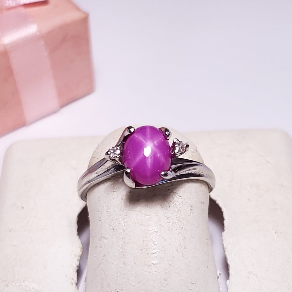 Estate 8X5mm Lab created Pink Lindy Star & Diamond 10Kt WG Twist top Ring #22763